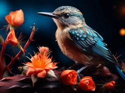 Ptak, Pomarańczowe, Kwiaty, Grafika