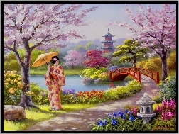 Japonka, Most, Kwiaty, Kobieta, Ogród, Rzeka