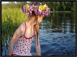 Jezioro, Wianek, Dziewczynka, Dziecko, Kwiaty