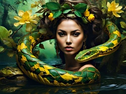Kobieta, Wąż, Kwiaty, Liście