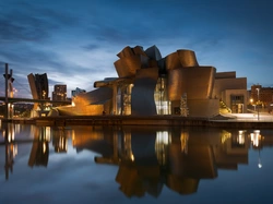 Noc, Most, Rzeka Nervion, Hiszpania, Bilbao, Muzeum Guggenheima, Światła