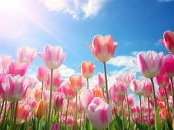 Niebo, Tulipany, Różowe, Promienie słońca, Kwiaty