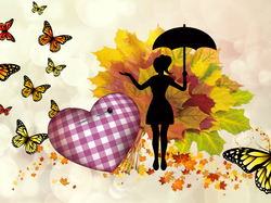 Grafika 2D, Serce, Kobieta, Motyle, Liście, Jesień, Parasolka