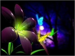 3D, Motyle, Kwiat, Neon