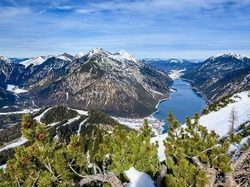Achental, Austria, Góry, Achensee, Krzewy, Jezioro, Zima, Dolina, Drzewa