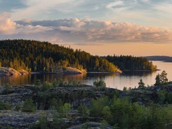 Jezioro Ładoga, Karelia, Rosja, Las, Chmury, Skały