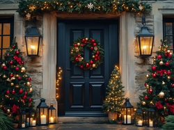 Lampiony, Boże Narodzenie, Wejście, Choinki, Dom, Grafika AI