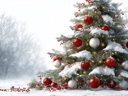 Zima, Boże Narodzenie, Bombki, Śnieg, Choinka, Grafika AI