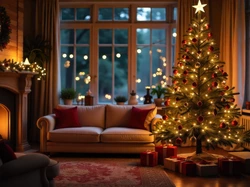 Choinka, Boże Narodzenie, Sofa, Kominek, Okno, Pokój, Udekorowana, Prezenty, AI, Wieniec, Girlandy