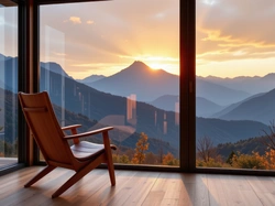 Zachód słońca, Pokój, Okno, Góry, Fotel, Grafika AI