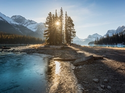 Kanada, Góry, Alberta, Drzewa, Jezioro Maligne, Park Narodowy Jasper, Promienie słońca