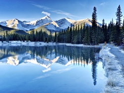 Zima, Alberta, Droga, Góry, Jezioro Kananaskis, Kanada, Lasy