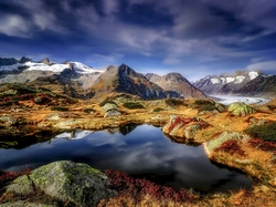 Aletschgletscher, Alpy Berneńskie, Jezioro Marjelensee, Szwajcaria, Chmury, Niebo, Góry, Lodowiec