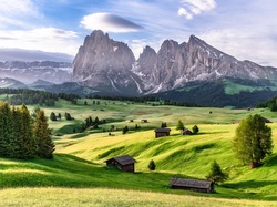 Domy, Dolomity, Płaskowyż Seiser Alm, Dolina Val Gardena, Łąki, Chmury, Włochy, Góry Sassolungo, Drzewa
