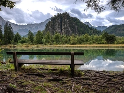 Ławka, Austria, Jezioro, Almsee, Góry, Drzewa