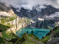 Góry Alpy Berneńskie, Chmury, Drzewa, Kanton Berno, Jezioro Oeschinen, Szwajcaria