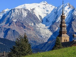 Alpy, Kościół, Szczyty, Ośnieżone, Drzewa, Combloux, Francja, Mont Blanc, Góry, Eglise Saint Nicolas