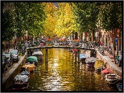 Amsterdam, Most, Jesień, Kanał, Holandia, Łodzie