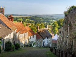 Drzewa, Zachód Słońca, Shaftesbury, Gold Hill, Ulica, Złote Wzgórze, Anglia, Mur, Domy