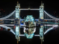 Anglia, Tower Bridge, Most, Noc, Rzeka Tamiza, Statek, Londyn