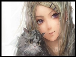 Anime, Szary, Dziewczyna, Kot