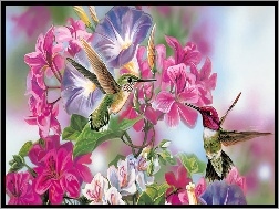 Kolibry, Kolorowe, Kwiaty, Art, Dwa