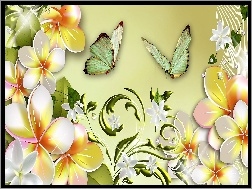 Art, Plumeria, Kwiaty, Motyle