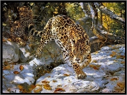Jaguar, Śnieg, Drzewa, Art