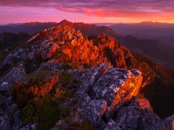 Australia, Arthur Range, Góry, Zachód słońca, Skały, Szczyty, Tasmania
