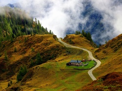 Austria, Chmury, Droga, Góry, Wysokie Taury, Dom, Gmina Kaprun