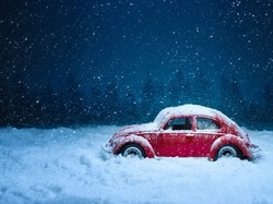 Śnieg, Zabawka, Model Volkswagen Beetle, Czerwone, Zima, Autko