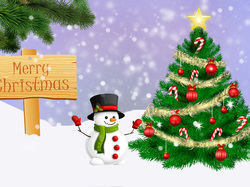 Merry Christmas, Boże Narodzenie, Napis, Śnieg, Choinka, Świąteczne, Bałwanek