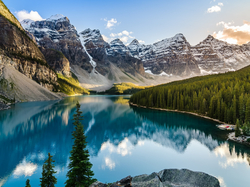 Drzewa, Alberta, Park Narodowy Banff, Jezioro Moraine, Góry, Odbicie, Dolina Dziesięciu Szczytów, Kanada, Las