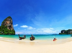 Łódki, Plaża Railay Beach, Skały, Prowincja Krabi, Kajak, Chmury, Tajlandia,  Morze Andamańskie, Drzewa