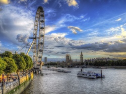 Big Ben, Rzeka, Widokowe, Barki, Most, Londyn, Koło