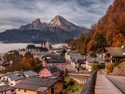 Domy, Góry, Kościół, Niemcy, Mgła, Drzewa, Bawaria, Berchtesgaden