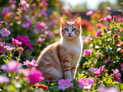 Rudo-biały, Kot, Kolorowe, Kwiaty