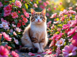 Spojrzenie, Siedzący, Rudo-biały, Kwiaty, Kot