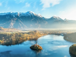 Jezioro Bled, Góry, Mgła, Wyspa, Słowenia, Kościół