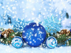 Śnieg, Kompozycja, Szyszki, Niebieskie, Boże Narodzenie, Świąteczna, Bombki