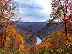 New River Gorge Bridge, Wąwóz, Jesień, Stany Zjednoczone, Lasy, Drzewa, Wirginia Zachodnia, Rzeka