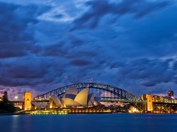 Sydney, Most Sydney Harbour Bridge, Miasto nocą, Zatoka Port Jackson, Australia, Sydney Opera House
