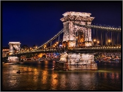 Most, Budapeszt, Węgry, Łańcuchowy, Dunaj, Noc