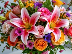 Lilie, Bukiet, Kolorowe, Róże, Kwiaty
