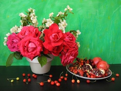 Bukiet Kwiatów, Róże, Jaśmin, Kompozycja, Granaty