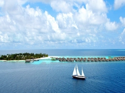 Jacht, Malediwy, Koralowa, Bungalow, Wyspa, Ocean
