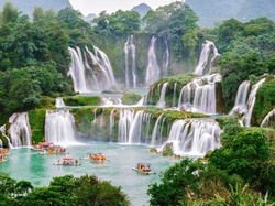 Łodzie, Cao Bang, Wietnam, Jezioro, Wodospad Ban Gioc Waterfall, Rzeka