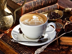 Książki, Cappuccino, Łyżeczki, Filiżanka, Biała, Kawa, Talerzyk