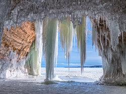 Michigan, Zima, Sople, Grand Island Ice Caves, Jaskinia lodowa, Stany Zjednoczone