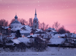 Zima, Cerkiew, Drzewa, Kostroma, Rosja, Padający, Domy, Śnieg